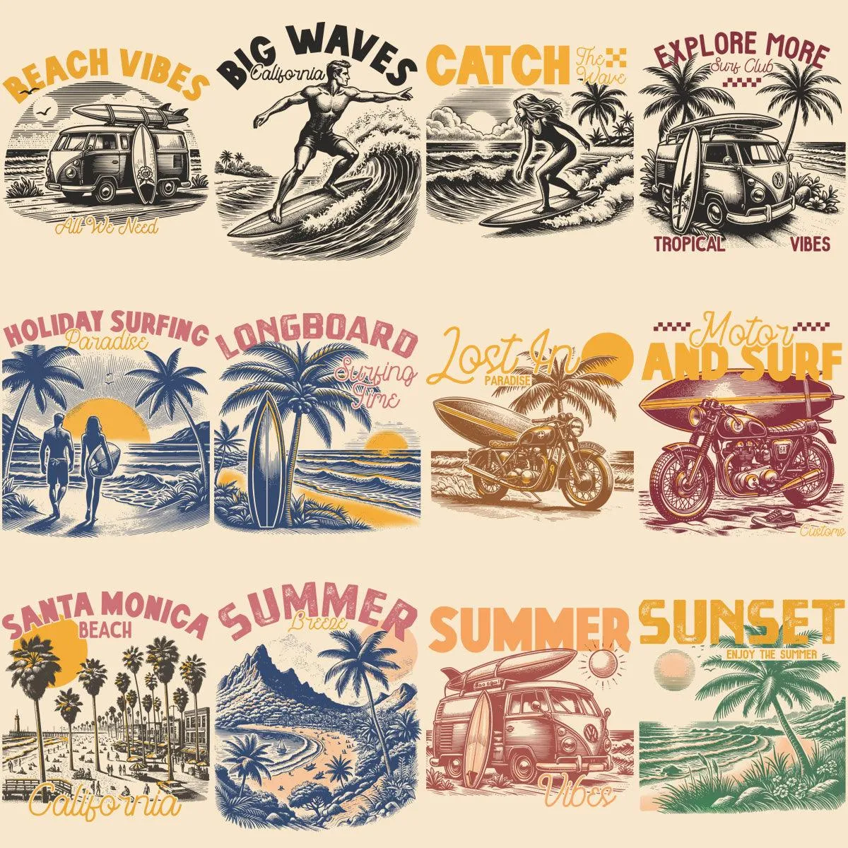 19 Vintage Summer Beach Designs Bundle PNG