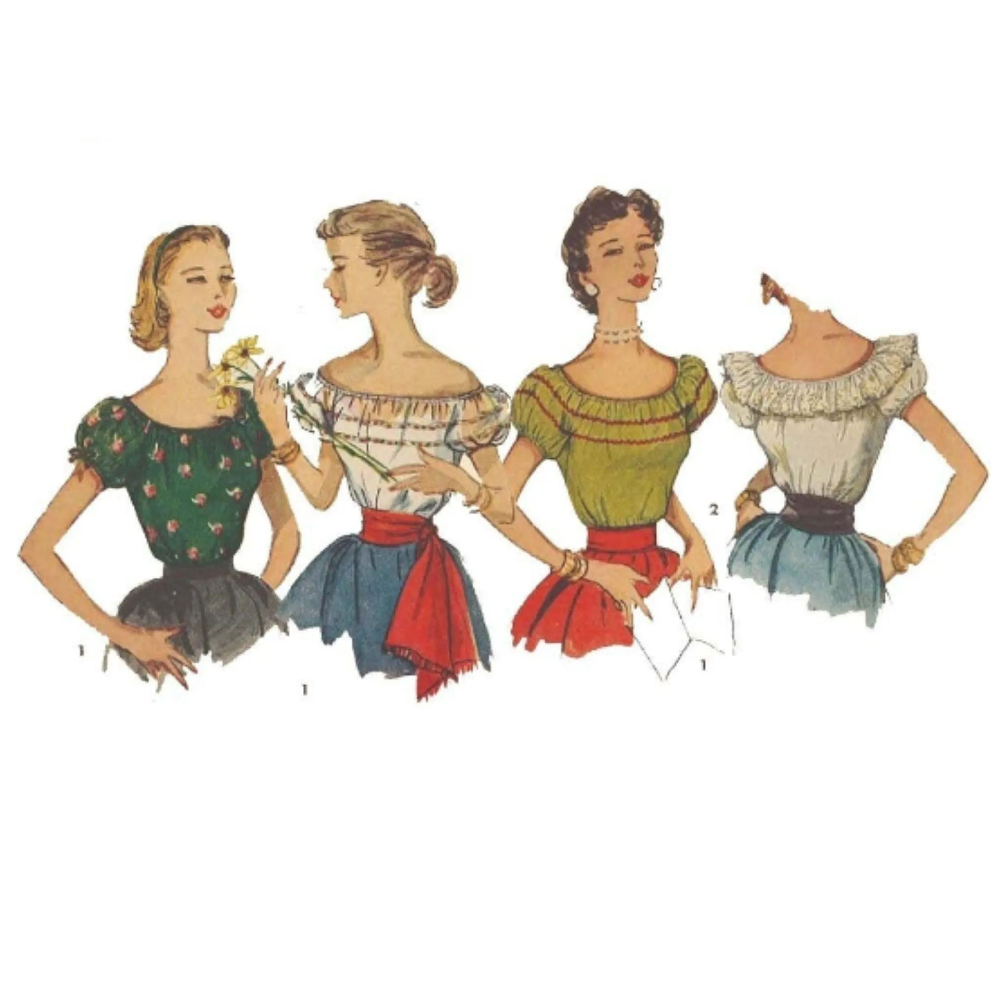 1950's Pattern, Peasant Gypsy Top, Blouses, Latin Off the Shoulder - Bust 28" (71.1cm)