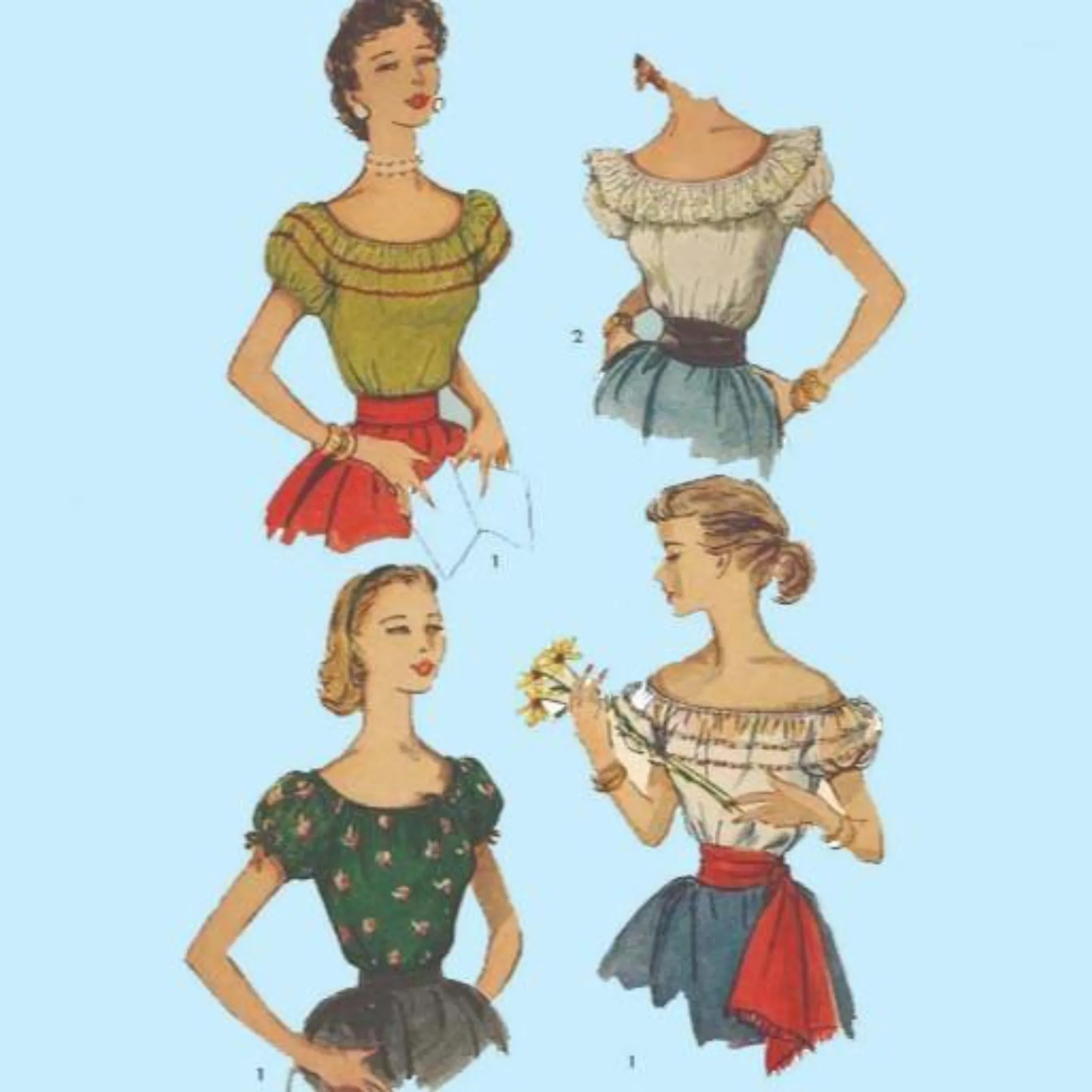 1950's Pattern, Peasant Gypsy Top, Blouses, Latin Off the Shoulder - Bust 28" (71.1cm)