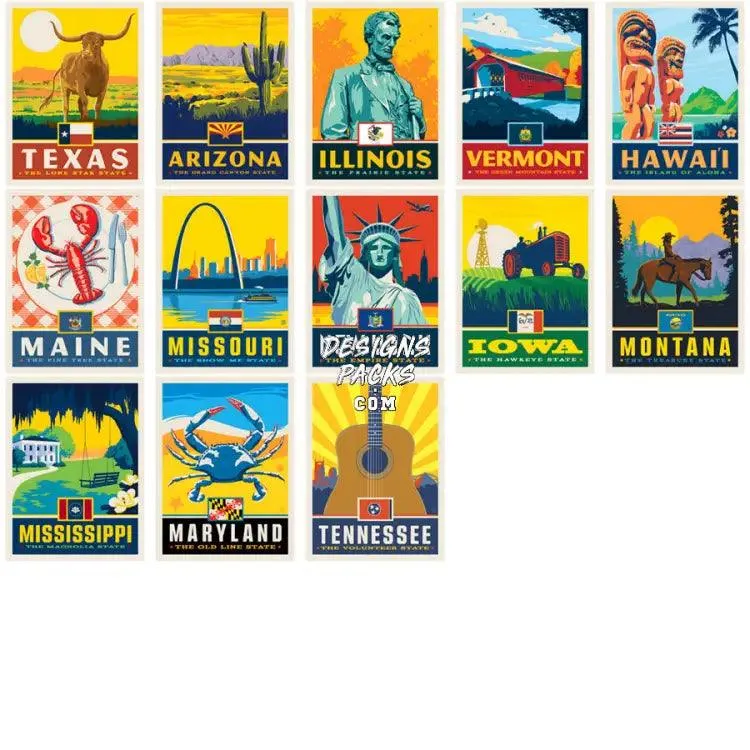 50 USA Popular States Poster Style Designs Bundle PNG