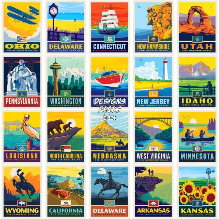 50 USA Popular States Poster Style Designs Bundle PNG