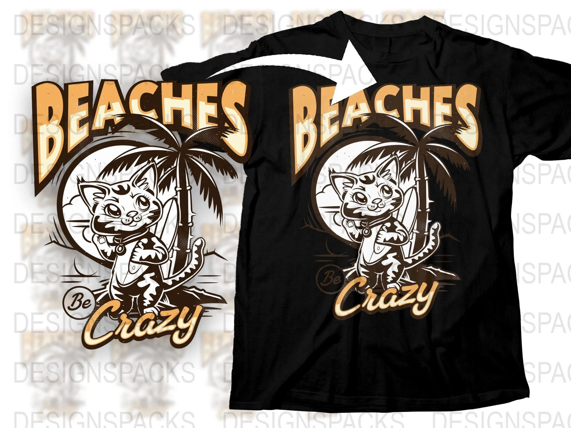 Adorable Cat Surfer Design Beaches Be Crazy Png Digital Download