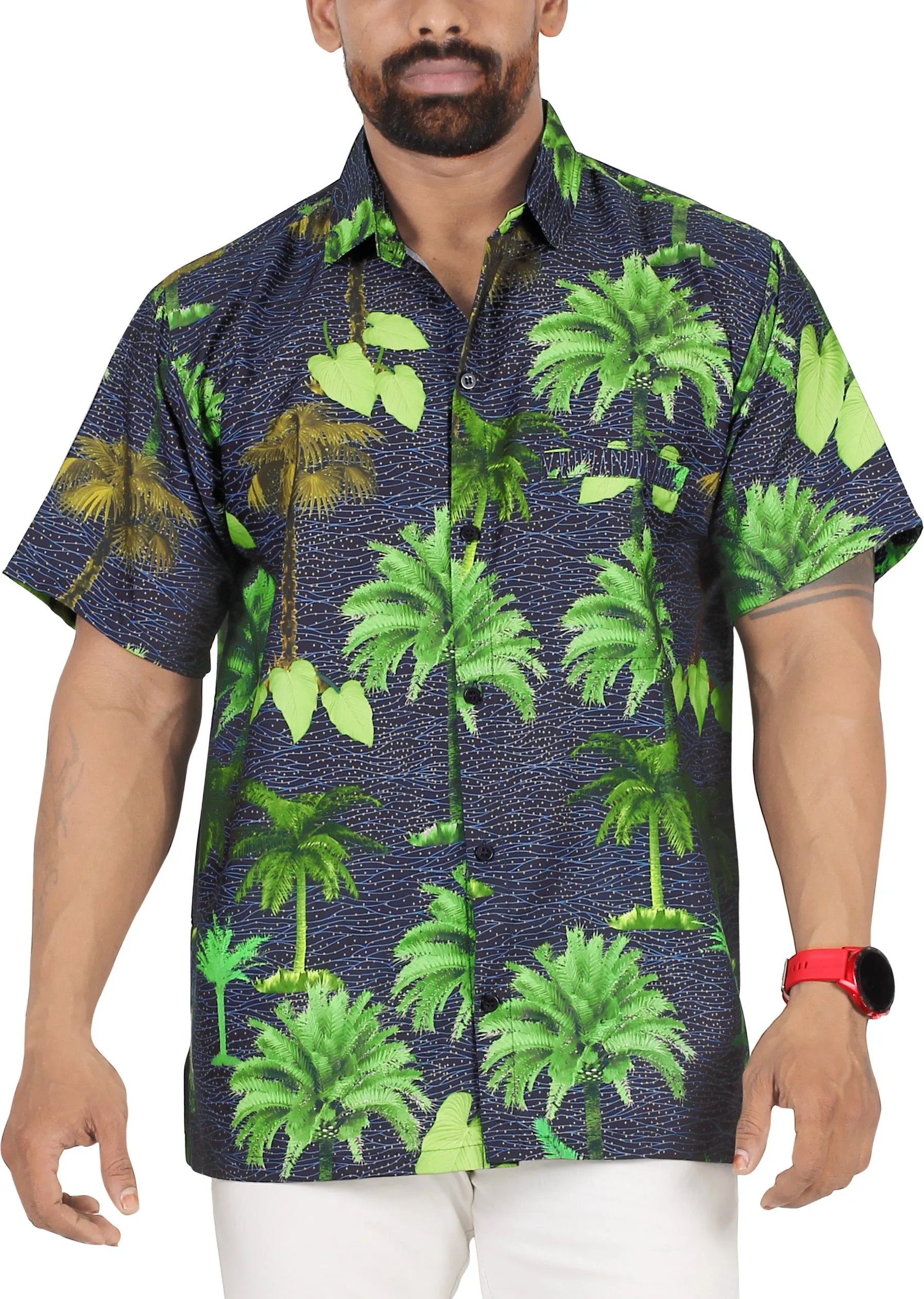 Allover Tropical Tree Printed Black and Green Hawaiian Beach Shirts For Men