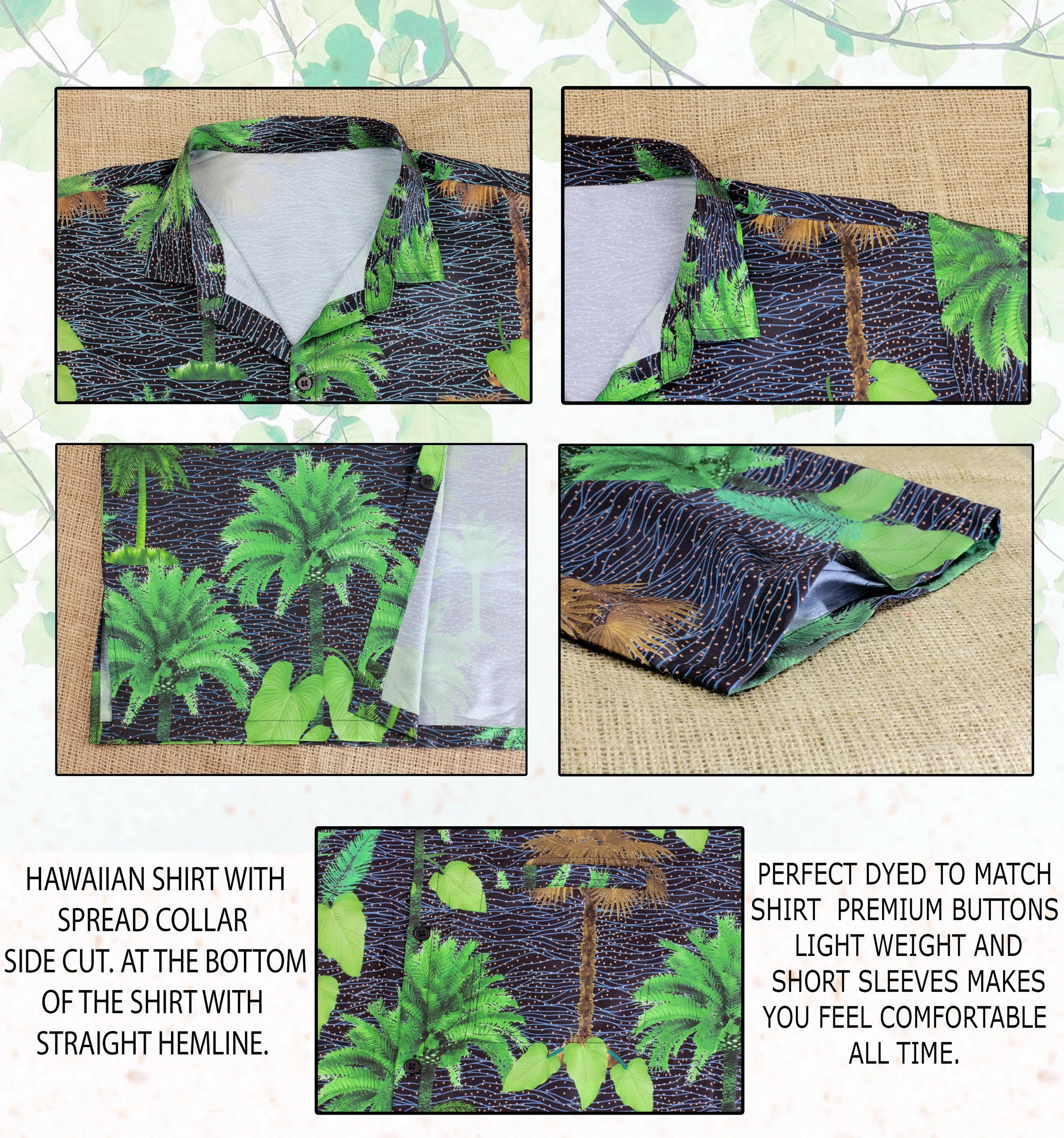 Allover Tropical Tree Printed Black and Green Hawaiian Beach Shirts For Men