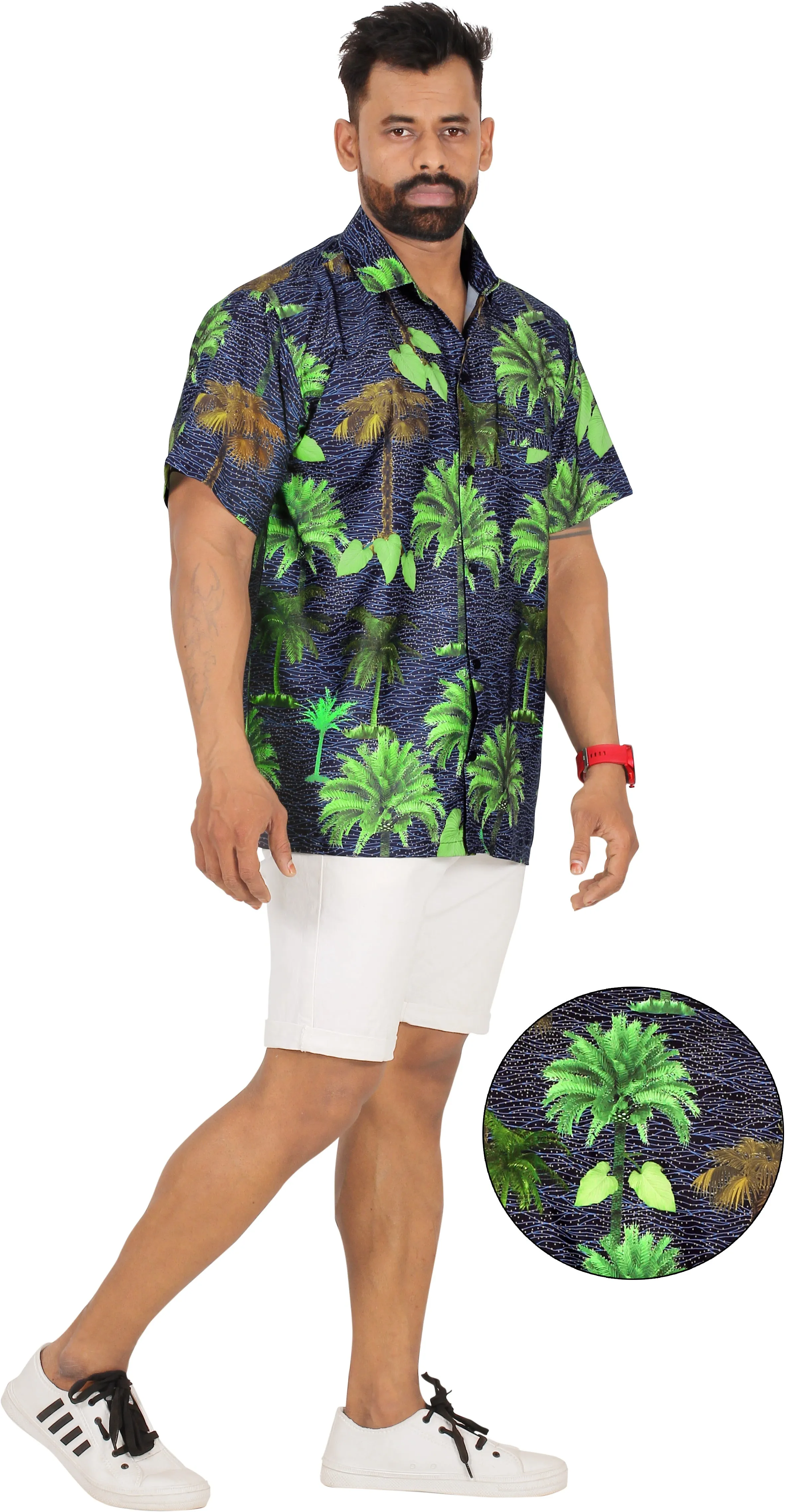 Allover Tropical Tree Printed Black and Green Hawaiian Beach Shirts For Men