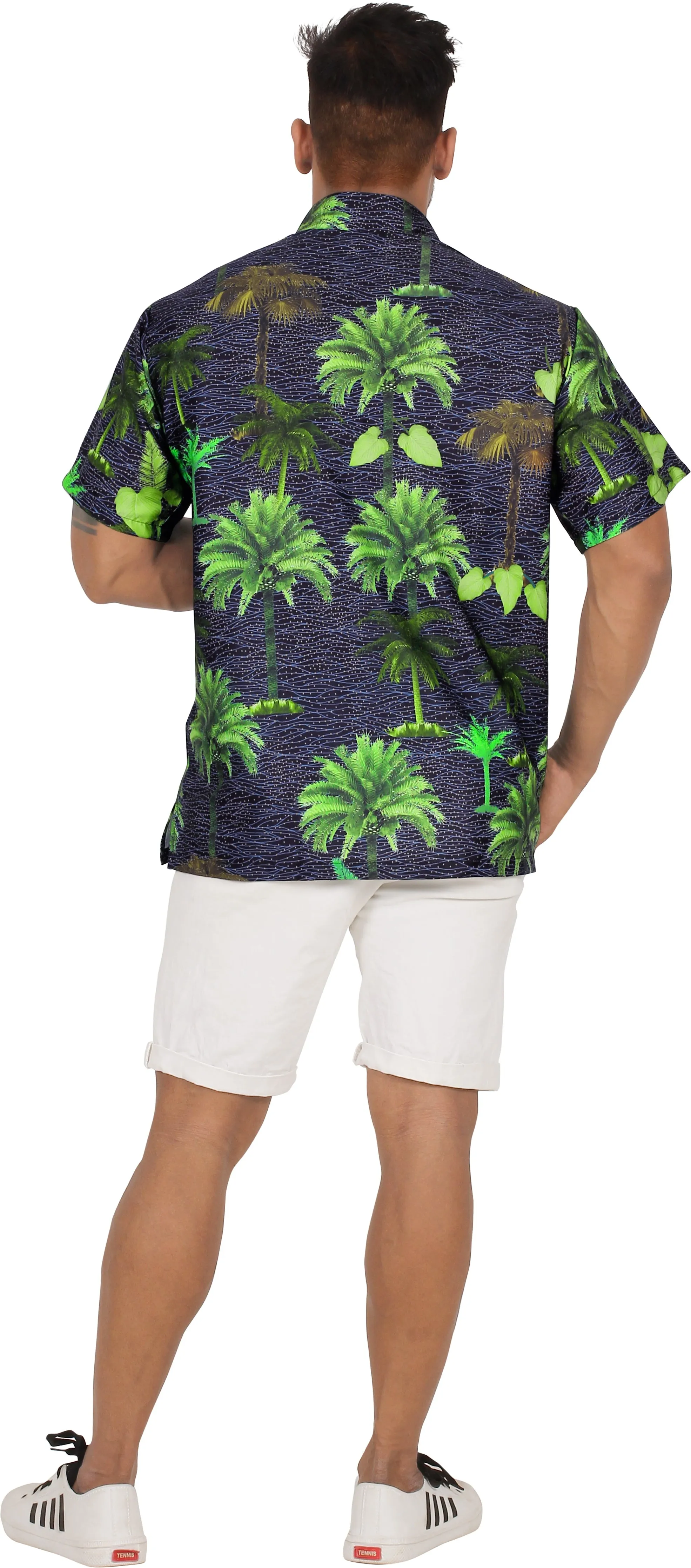 Allover Tropical Tree Printed Black and Green Hawaiian Beach Shirts For Men