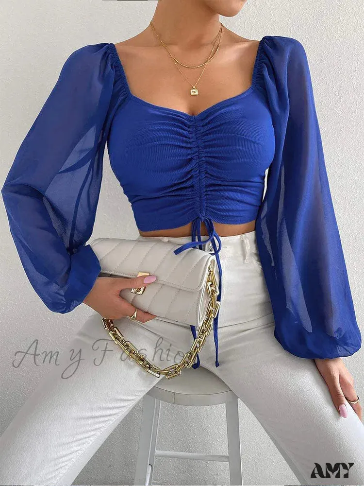 Amy Fashion - Lantern Sleeve V-Neck Fashion Blouses