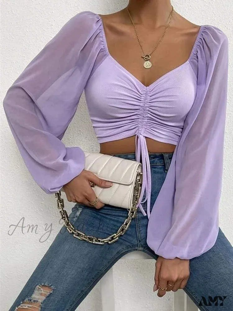 Amy Fashion - Lantern Sleeve V-Neck Fashion Blouses