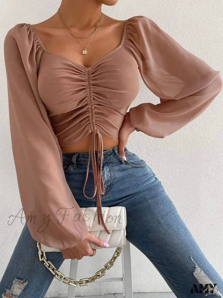 Amy Fashion - Lantern Sleeve V-Neck Fashion Blouses