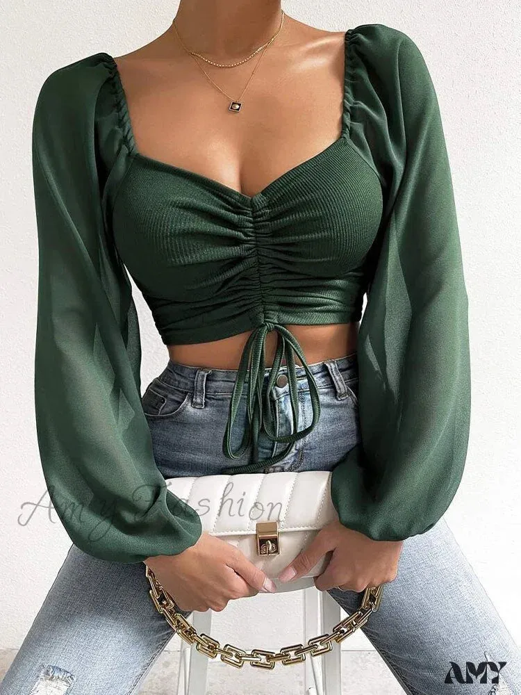 Amy Fashion - Lantern Sleeve V-Neck Fashion Blouses