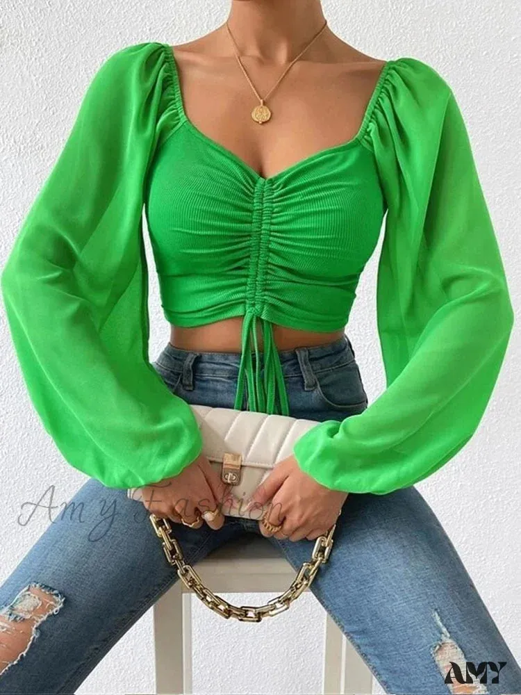 Amy Fashion - Lantern Sleeve V-Neck Fashion Blouses