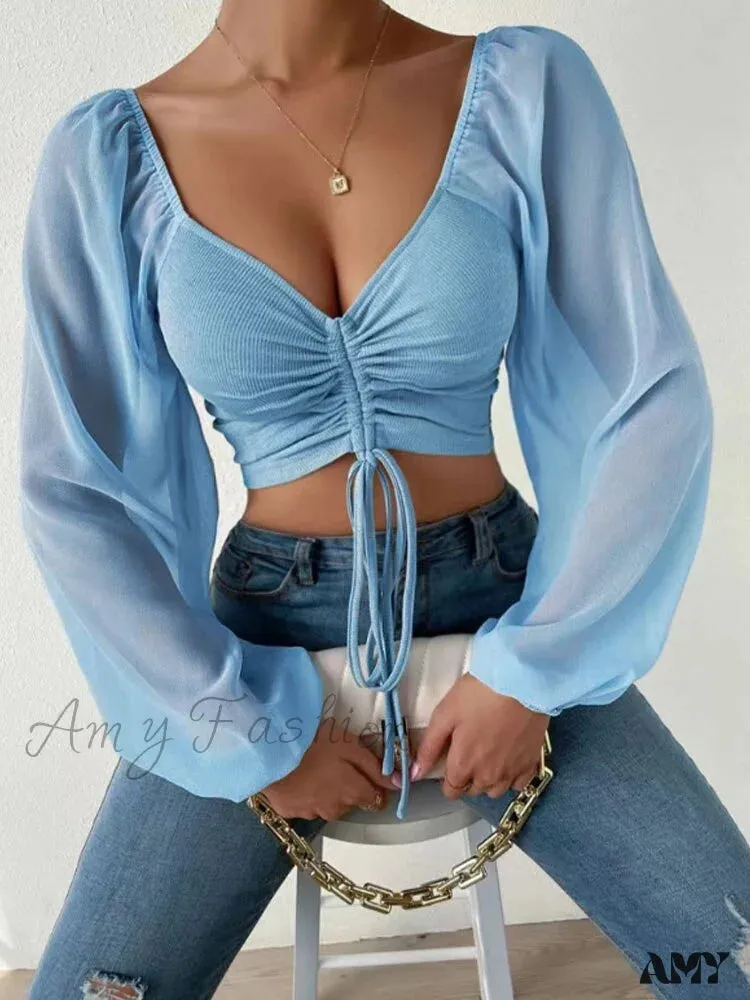 Amy Fashion - Lantern Sleeve V-Neck Fashion Blouses