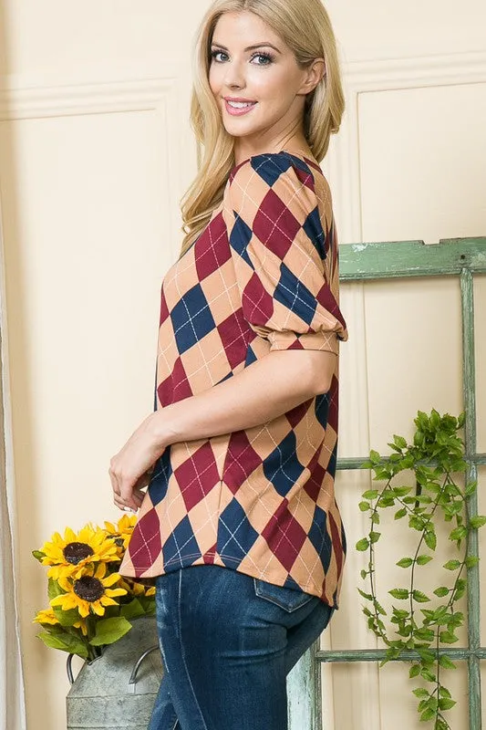 Argyle Print Puff Sleeve Knit Jersey Top