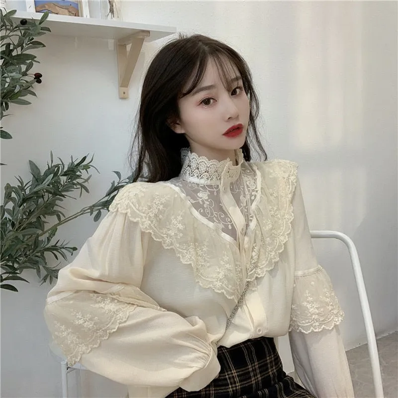 Autumn Korean Sweet Loose Clothes Lace Up Ruffled Women Blouses Fashion Stand Collat Ladies Tops Vintage Lace Shirts Women 11335