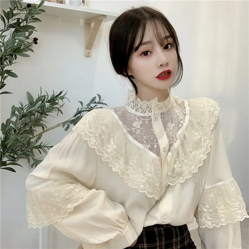 Autumn Korean Sweet Loose Clothes Lace Up Ruffled Women Blouses Fashion Stand Collat Ladies Tops Vintage Lace Shirts Women 11335