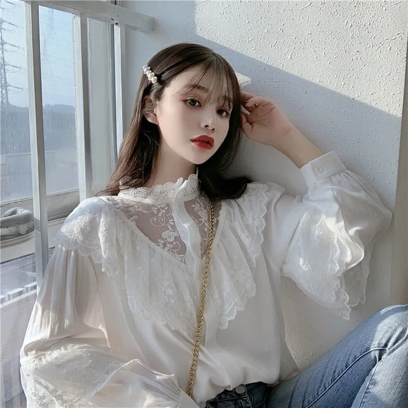 Autumn Korean Sweet Loose Clothes Lace Up Ruffled Women Blouses Fashion Stand Collat Ladies Tops Vintage Lace Shirts Women 11335