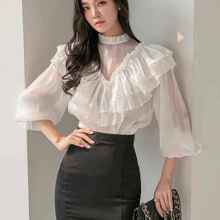 B2714 Half Neck Frill Sheer Blouse