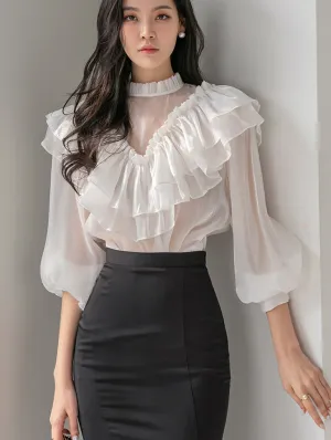 B2714 Half Neck Frill Sheer Blouse