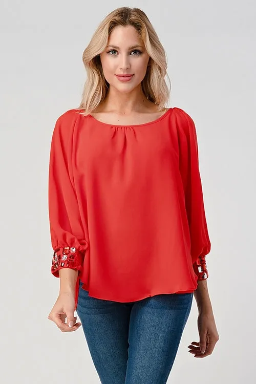 Bead Cuffs Dolman Sleeves Chiffon Blouse Top