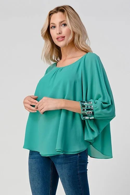 Bead Cuffs Dolman Sleeves Chiffon Blouse Top