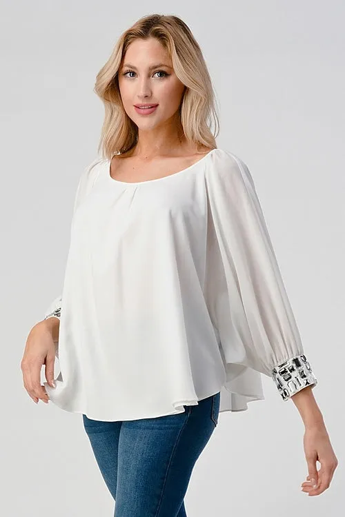 Bead Cuffs Dolman Sleeves Chiffon Blouse Top