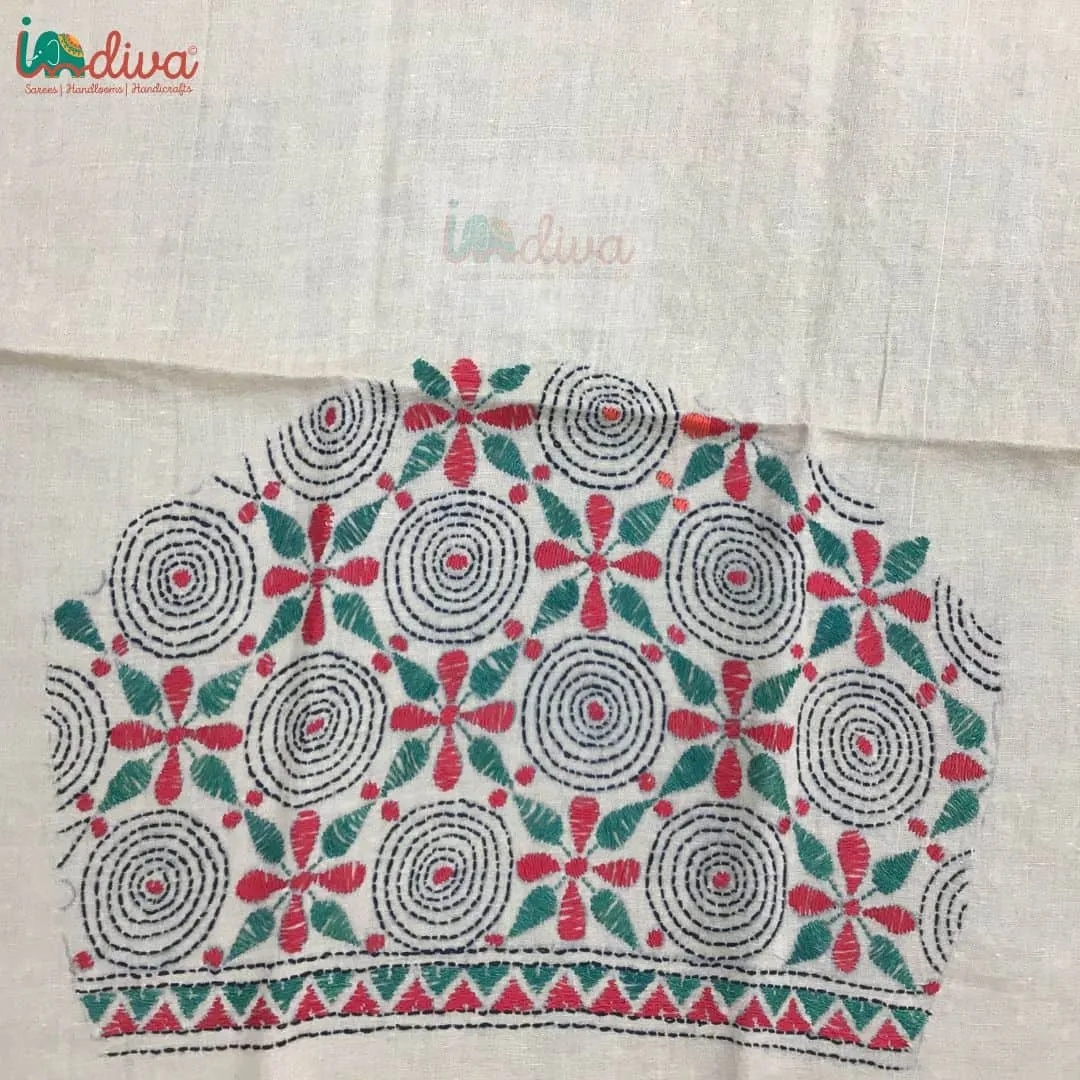 Beige Kantha Blouse Piece With Colorful Motifs