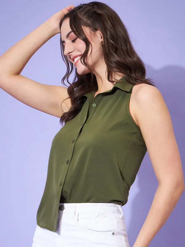 Berrylush Women Solid Olive Green Spread Collar Neck Sleeveless Button-Up Curved Hem Regular Shirt