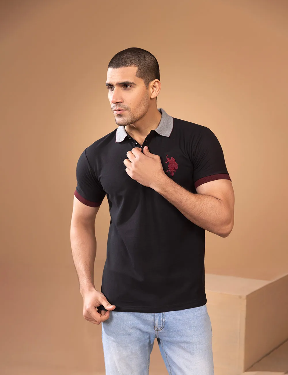 Black Contrast Collar Polo Shirt