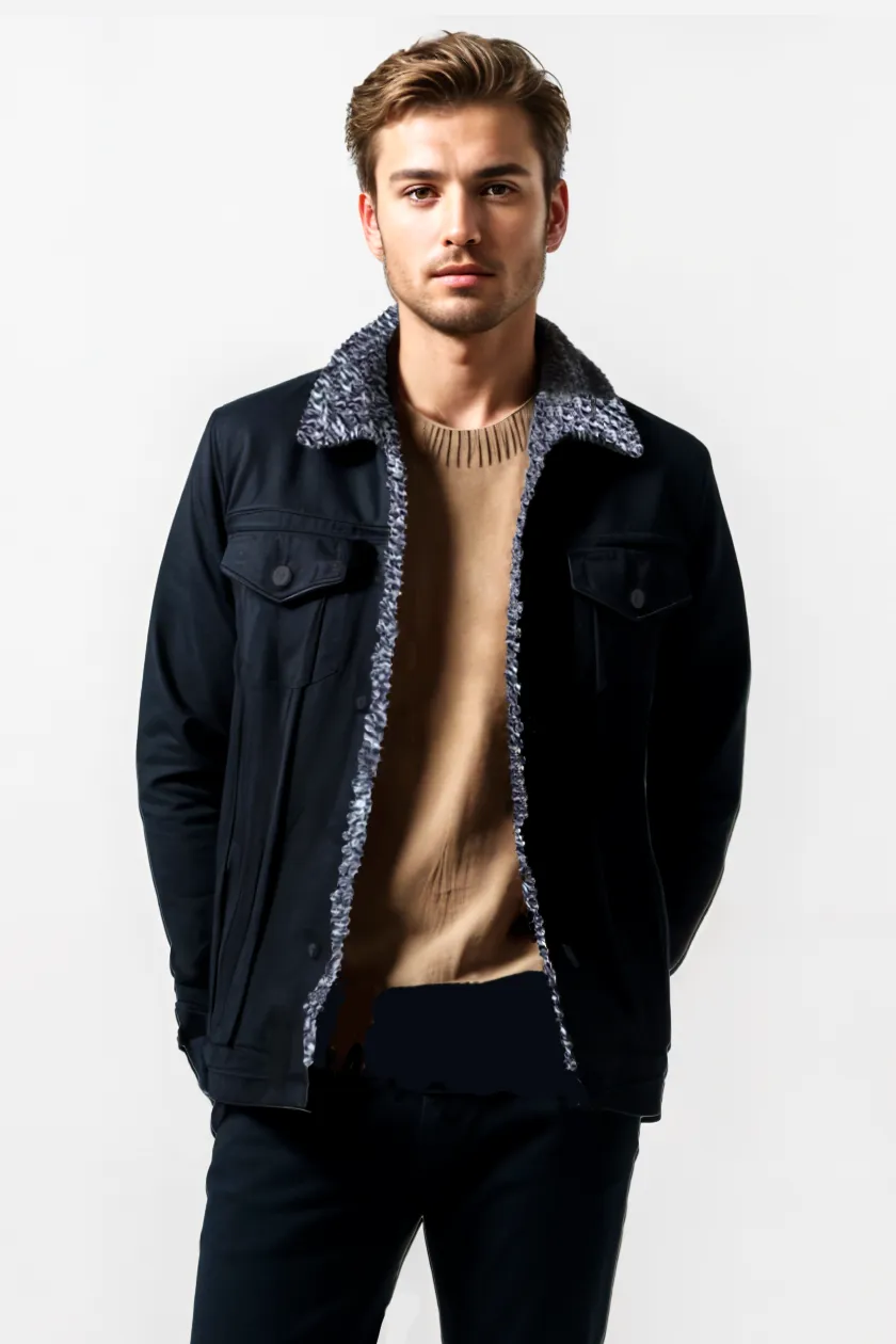 Black Denim Jacket with Black & White Sherpa Lining