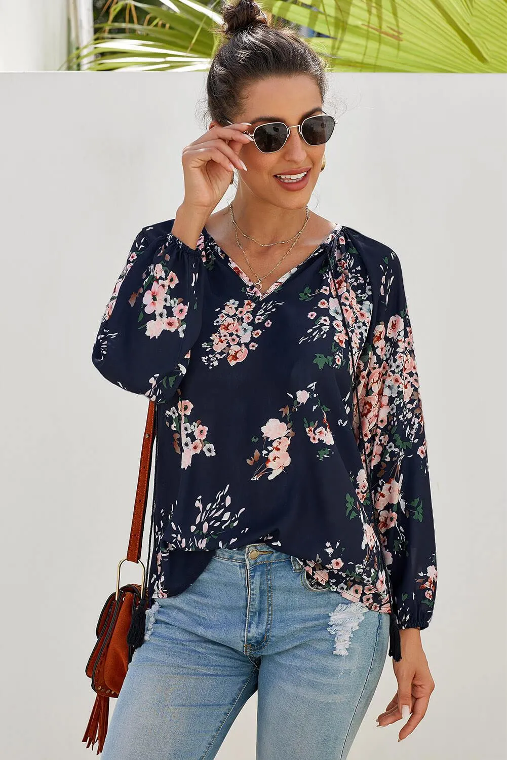 Blue Floral Print Peasant Long Sleeve Blouse