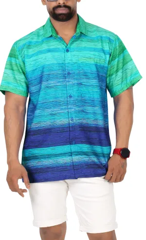 Blue Hue Stripes Tie Dye Effect Printed Hawaiian Beach Shirt For Men