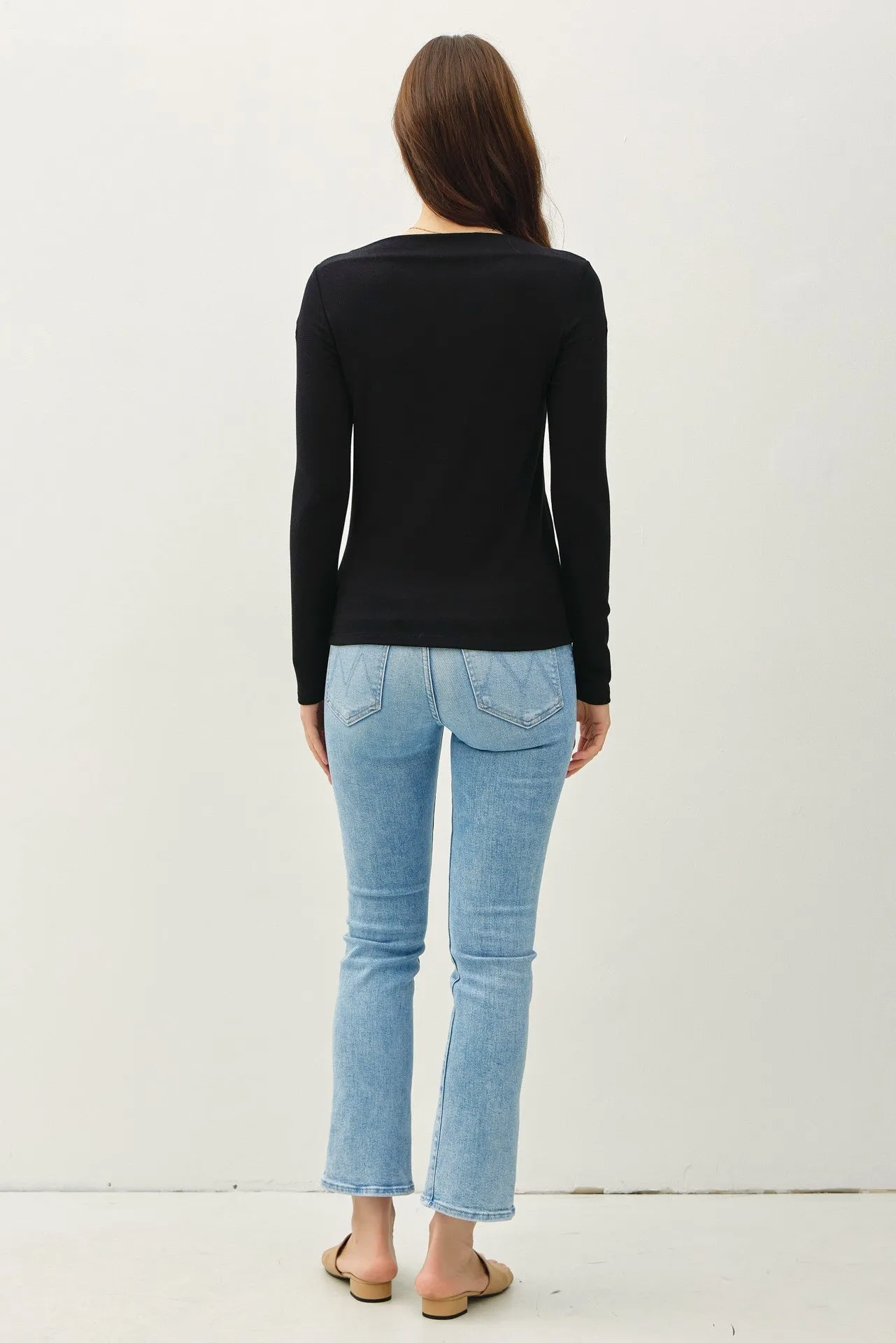 Boat Neck Long Sleeve Basic Knit Top