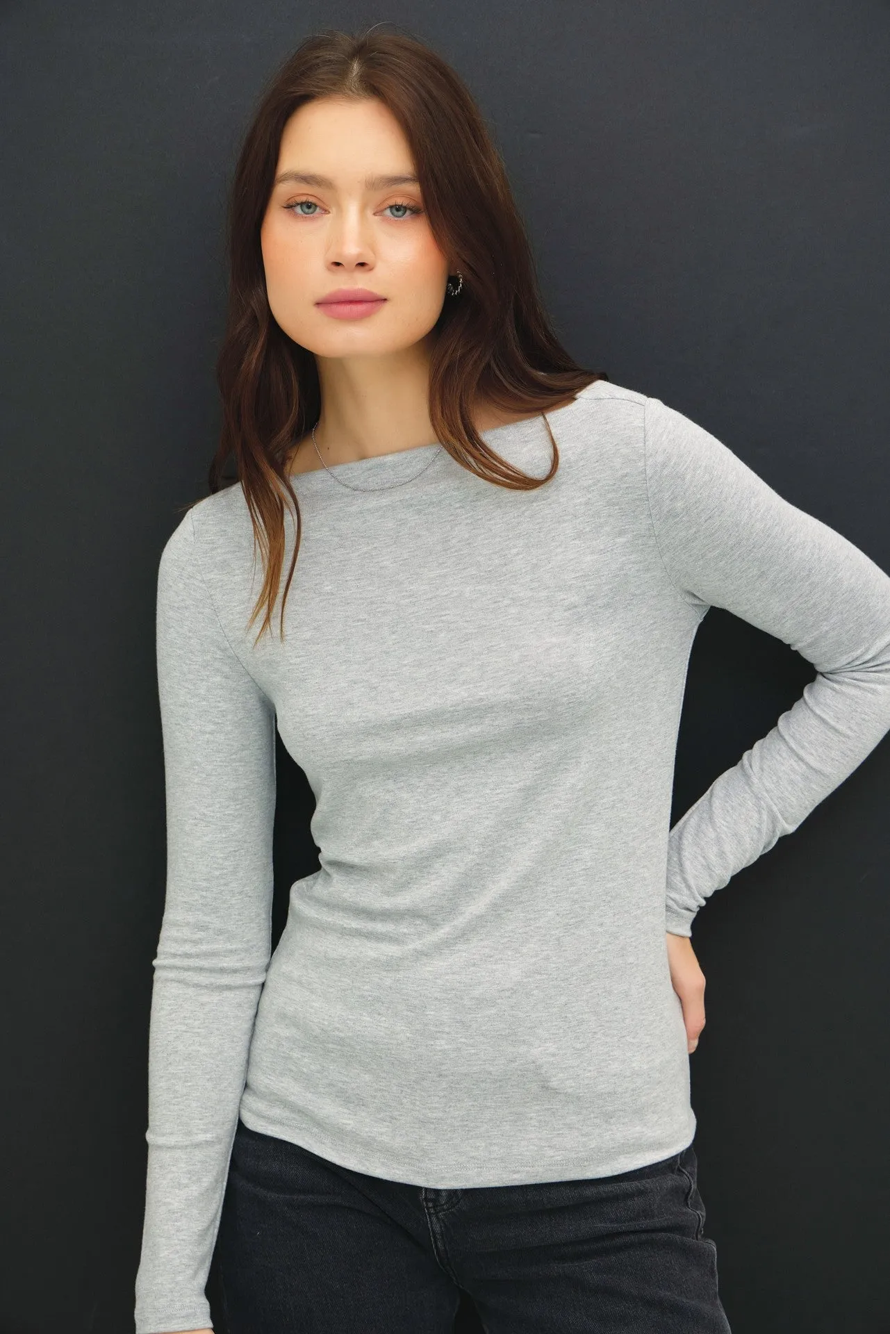 Boat Neck Long Sleeve Basic Knit Top