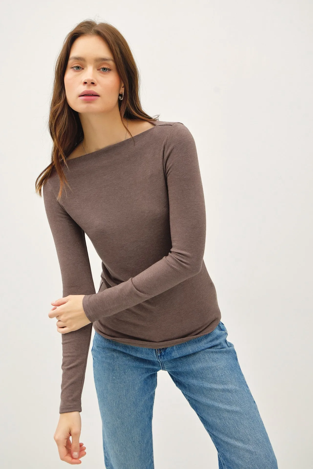 Boat Neck Long Sleeve Basic Knit Top