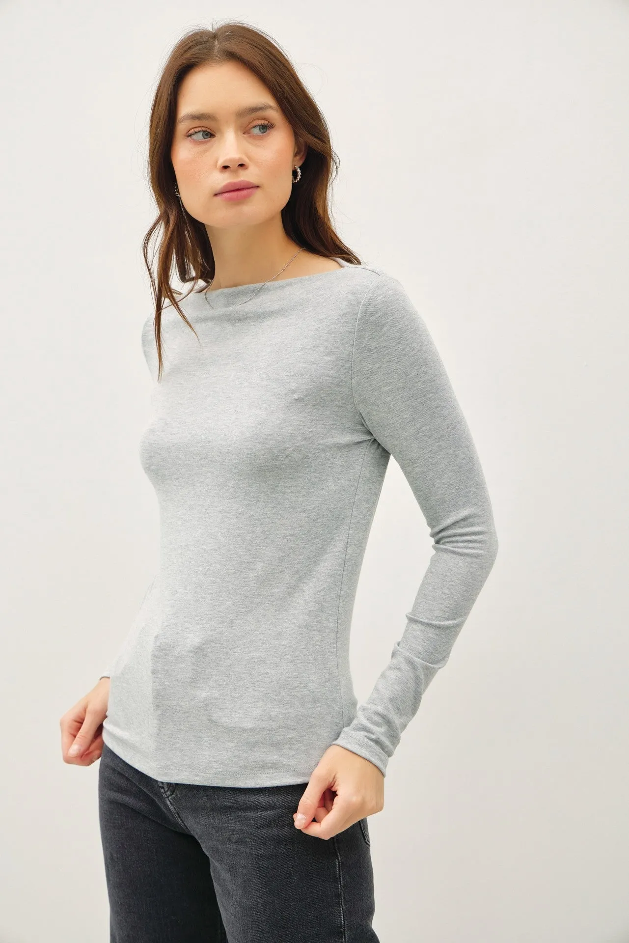 Boat Neck Long Sleeve Basic Knit Top