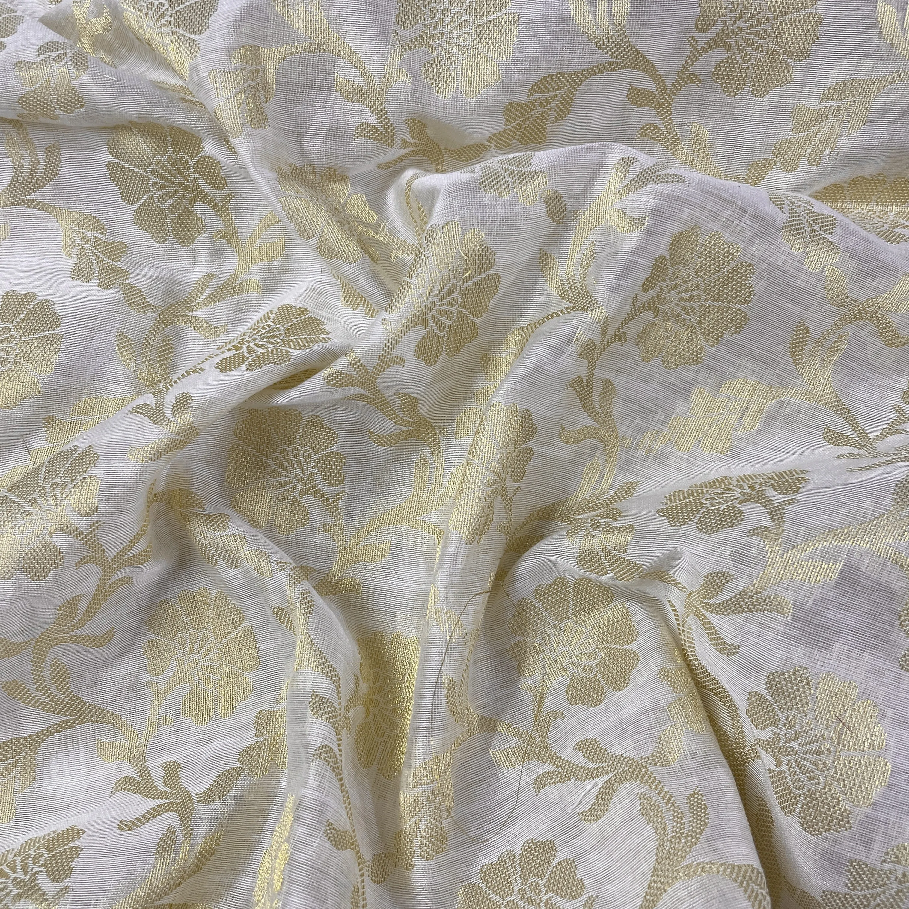 Classic White Gold Traditional Floral Jacquard Dyeable Cotton Staple Fabric