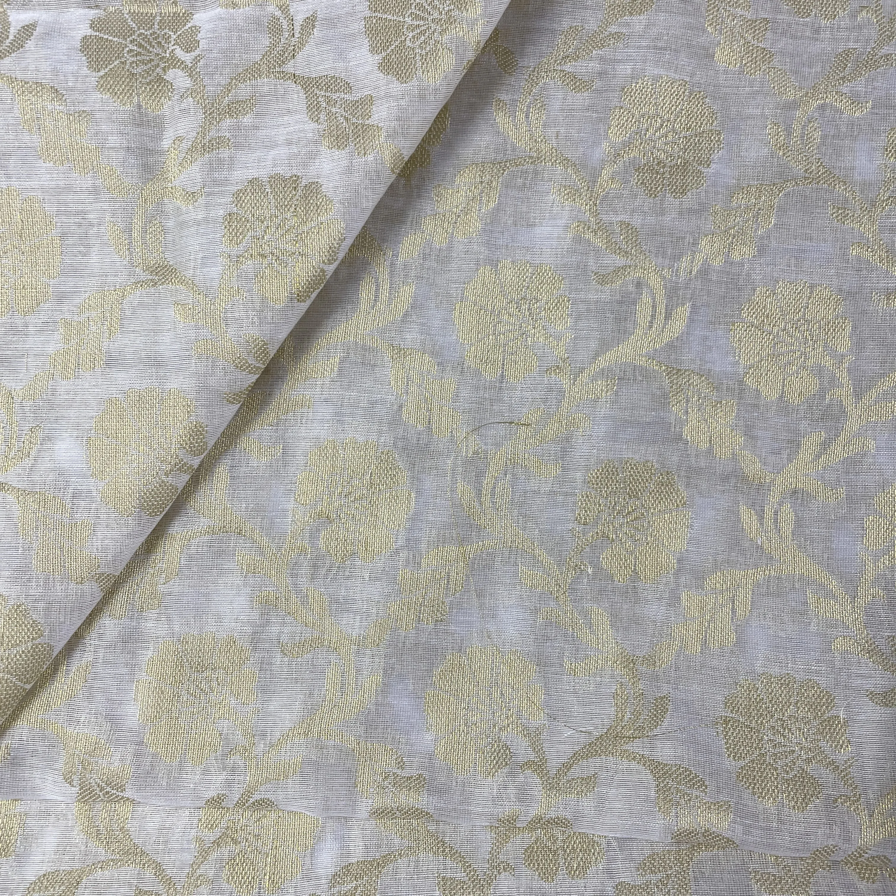 Classic White Gold Traditional Floral Jacquard Dyeable Cotton Staple Fabric