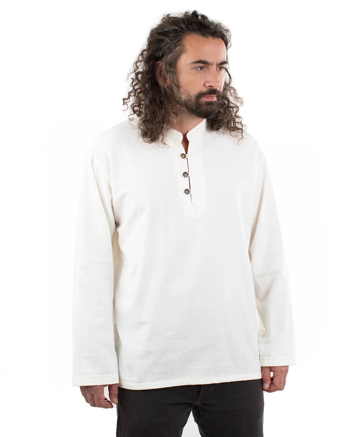 Collarless Long Sleeved Cotton Shirt Cream