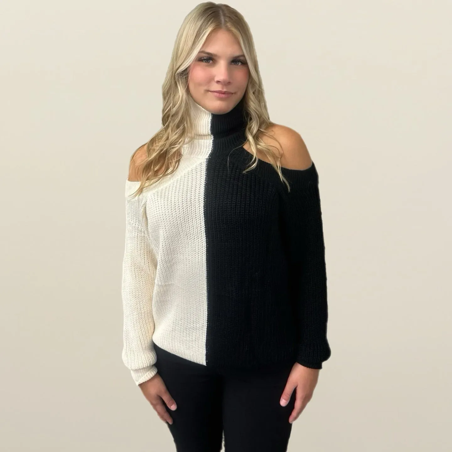 Color Block Mock Neck with Cold Shoulder Sweater