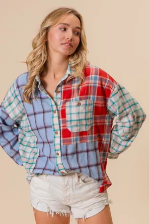 Color Block Plaid Button Down Shirt