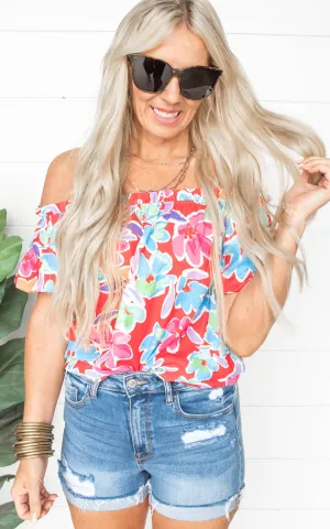 Darling Red Off the Shoulder Floral Blouse Top - Final Sale