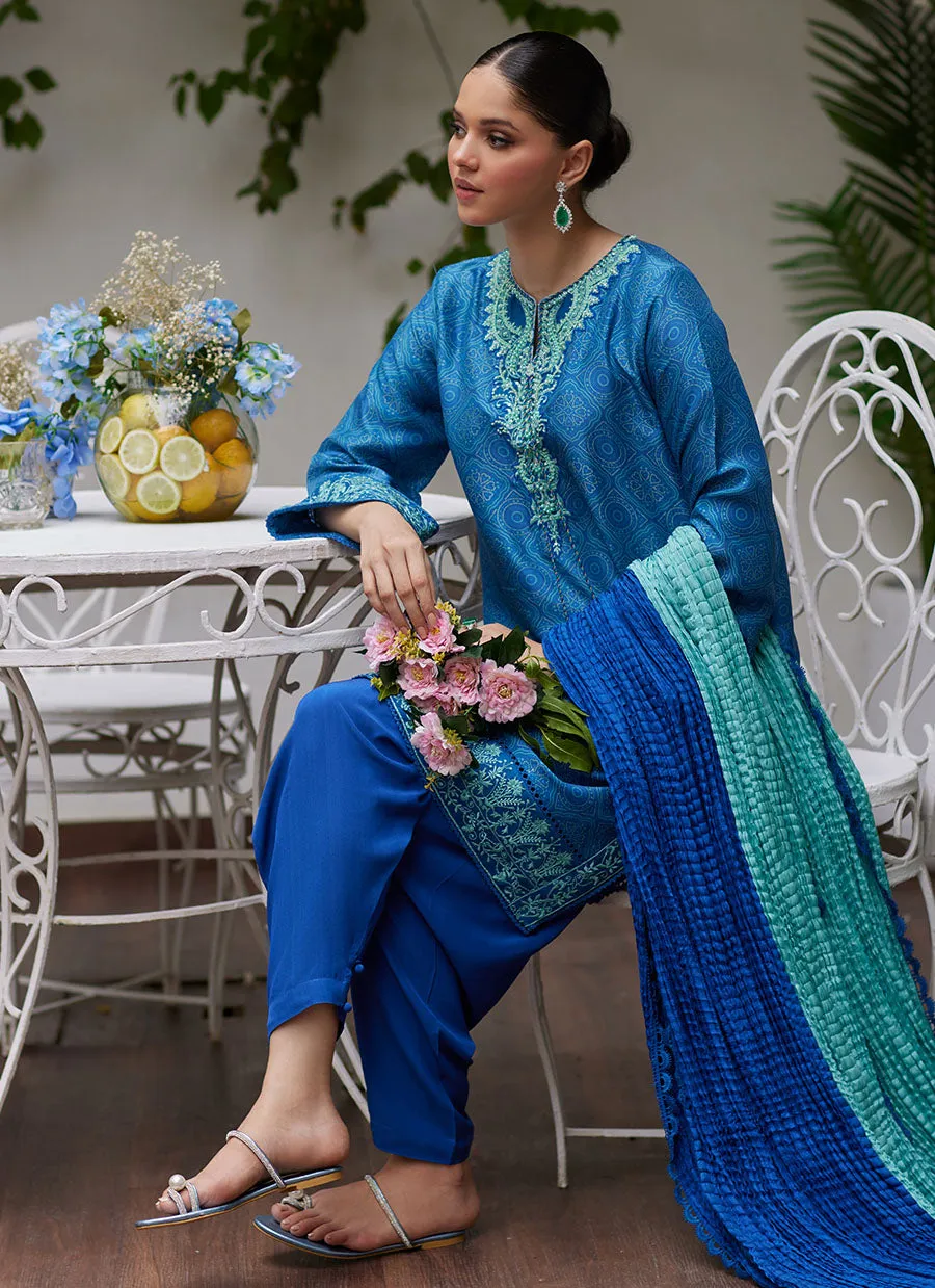 Faina Cobalt Blue Embroidered Raw Silk Shirt and Dupatta