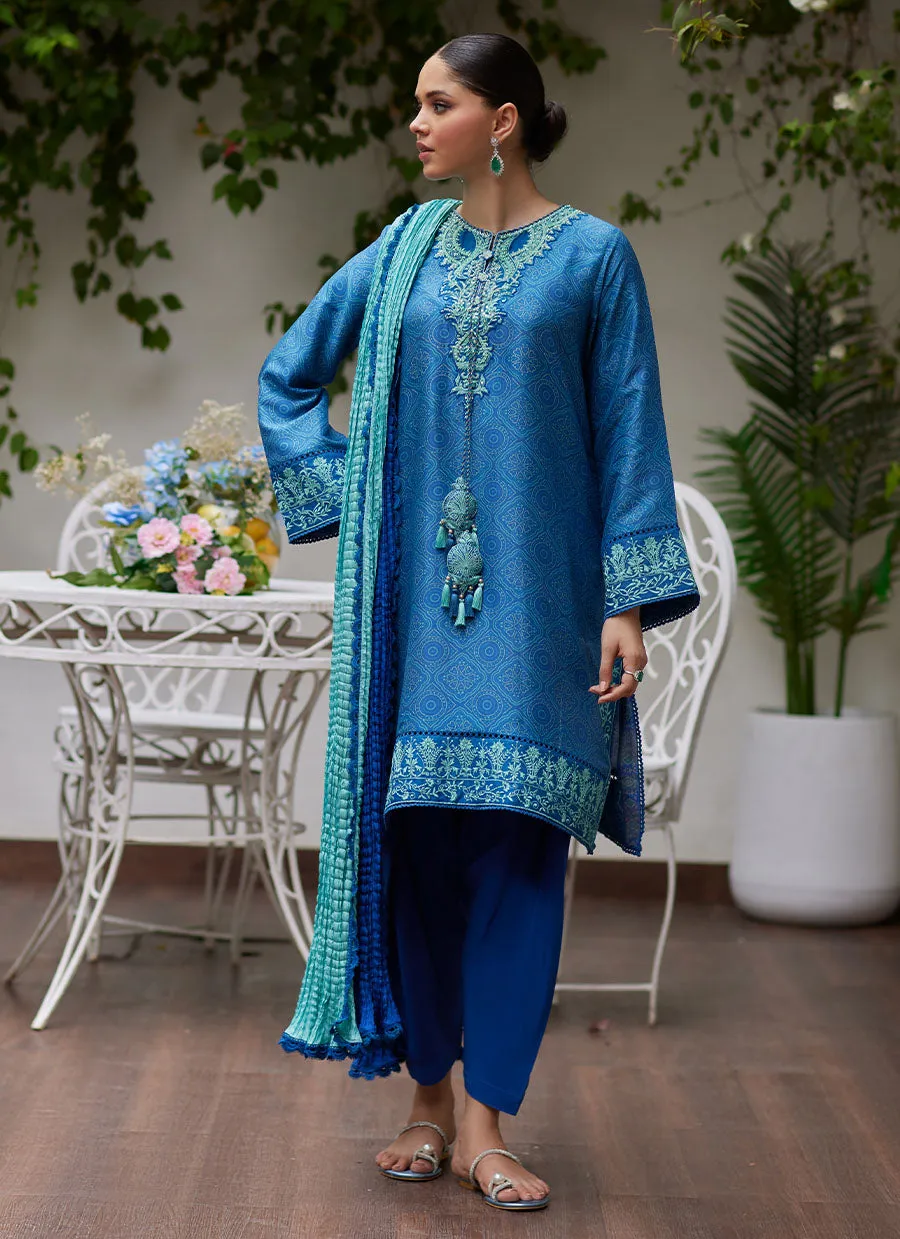 Faina Cobalt Blue Embroidered Raw Silk Shirt and Dupatta