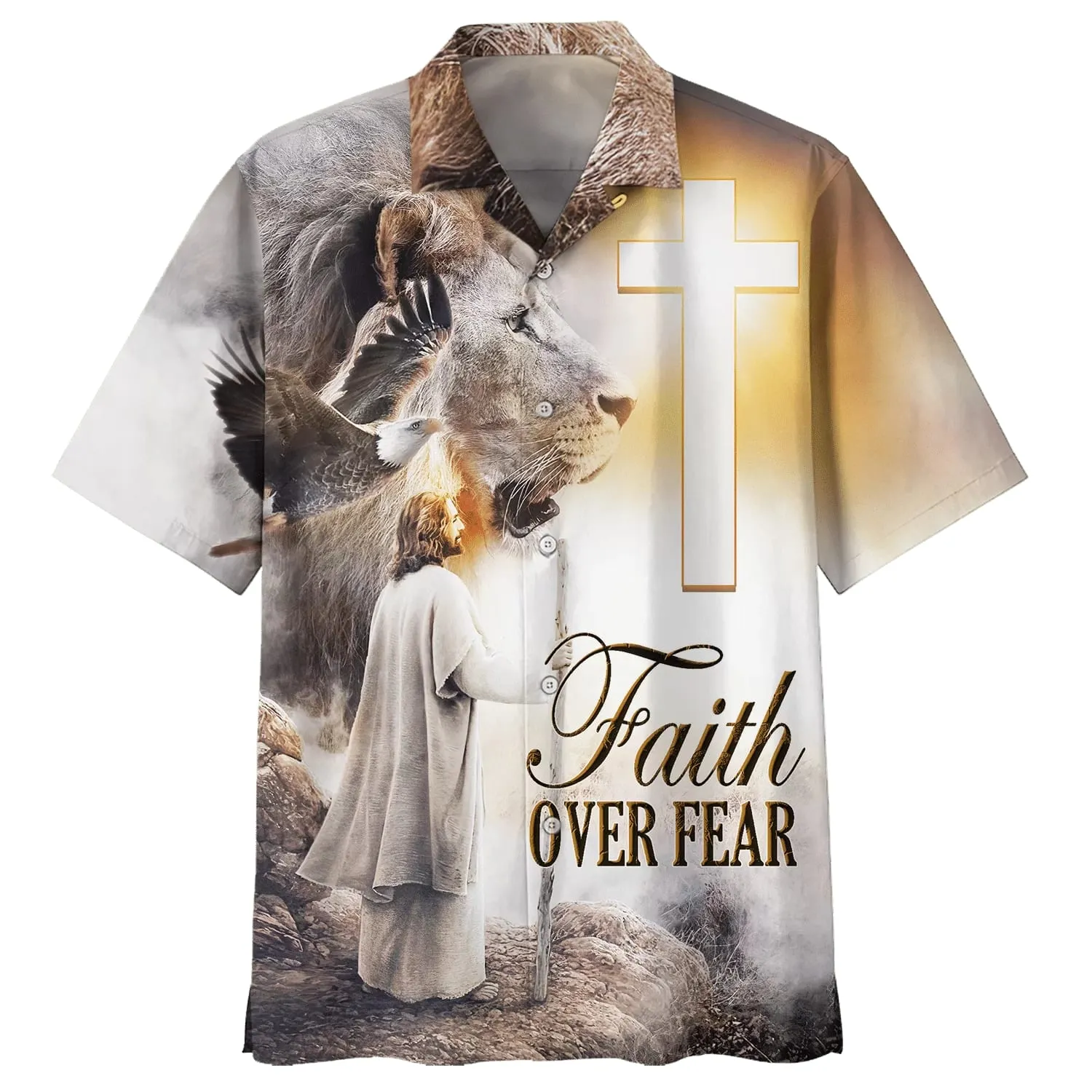 Faith Over Fear Hawaiian Shirt - Jesus And The Lion Hawaiian Shirts - Christian Hawaiian Shirt - Hawaiian Shirts For Men