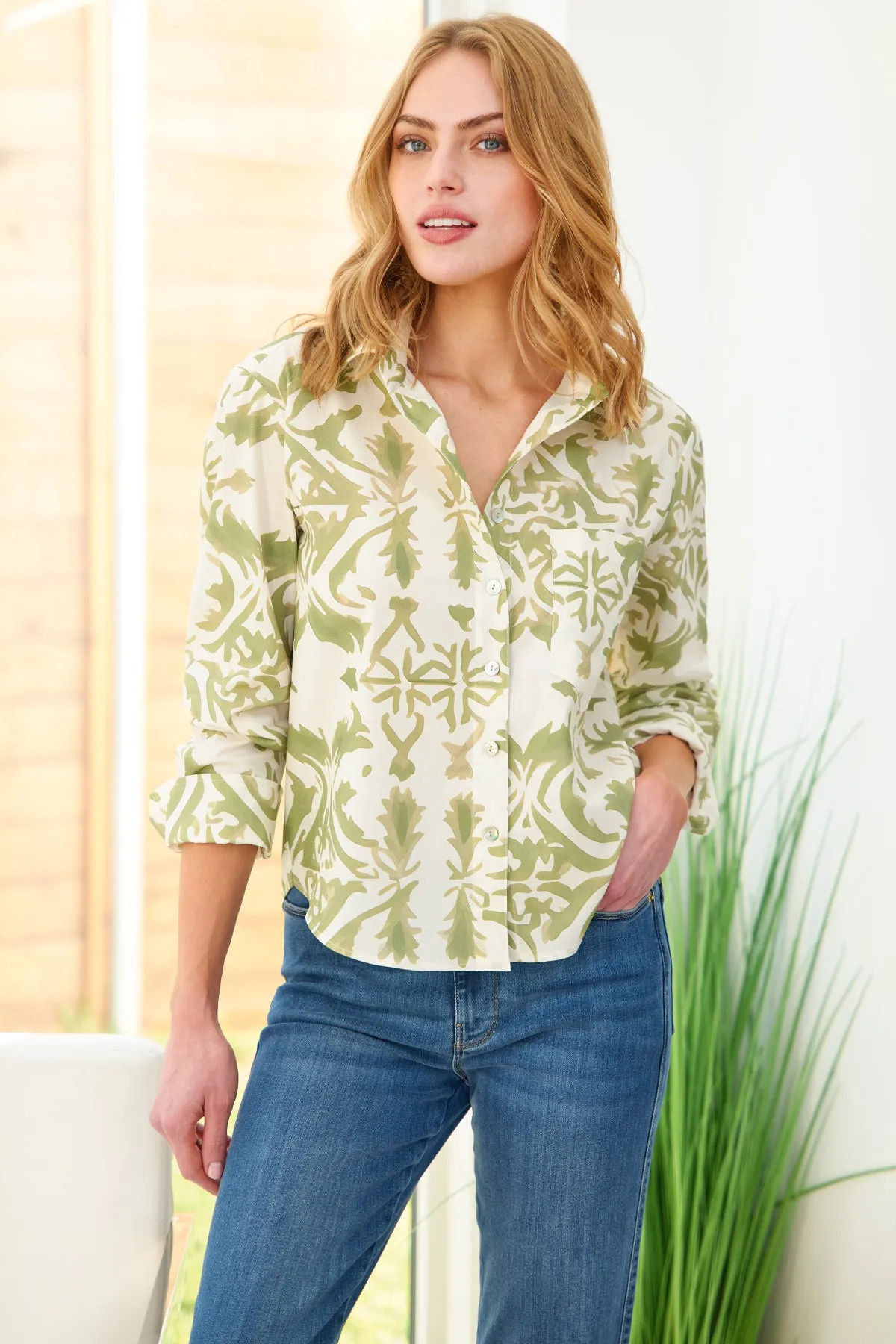 Finley Shirts Andie Crop Tile Print Shirt 3468064T | Sage