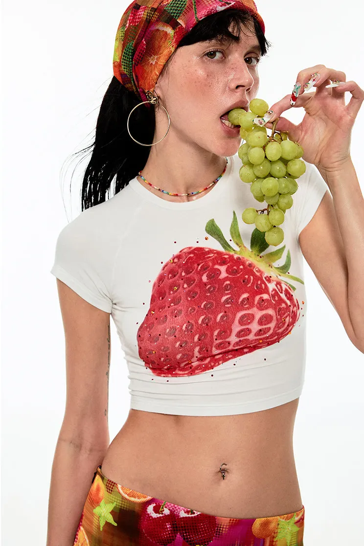 Fruit Rhinestone-Embellished Stretchy Printed T-Shirt