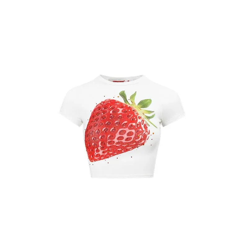 Fruit Rhinestone-Embellished Stretchy Printed T-Shirt