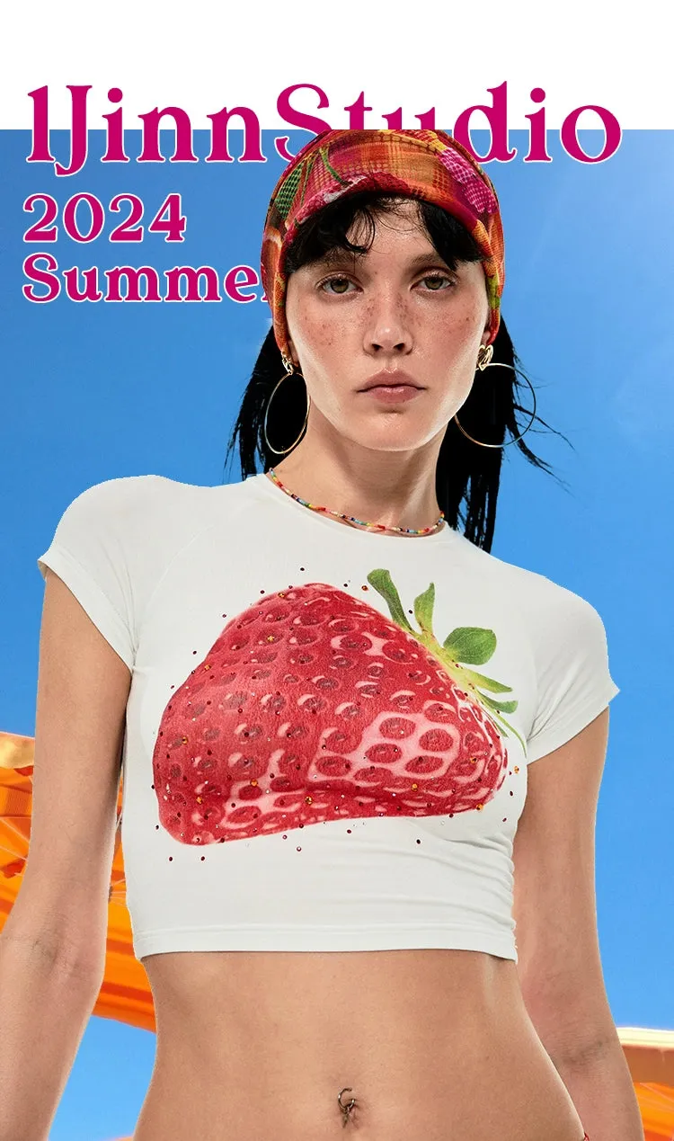 Fruit Rhinestone-Embellished Stretchy Printed T-Shirt