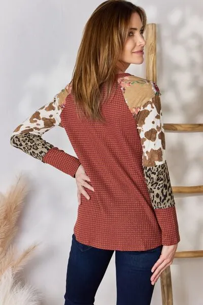 Full Size Leopard Waffle-Knit Blouse