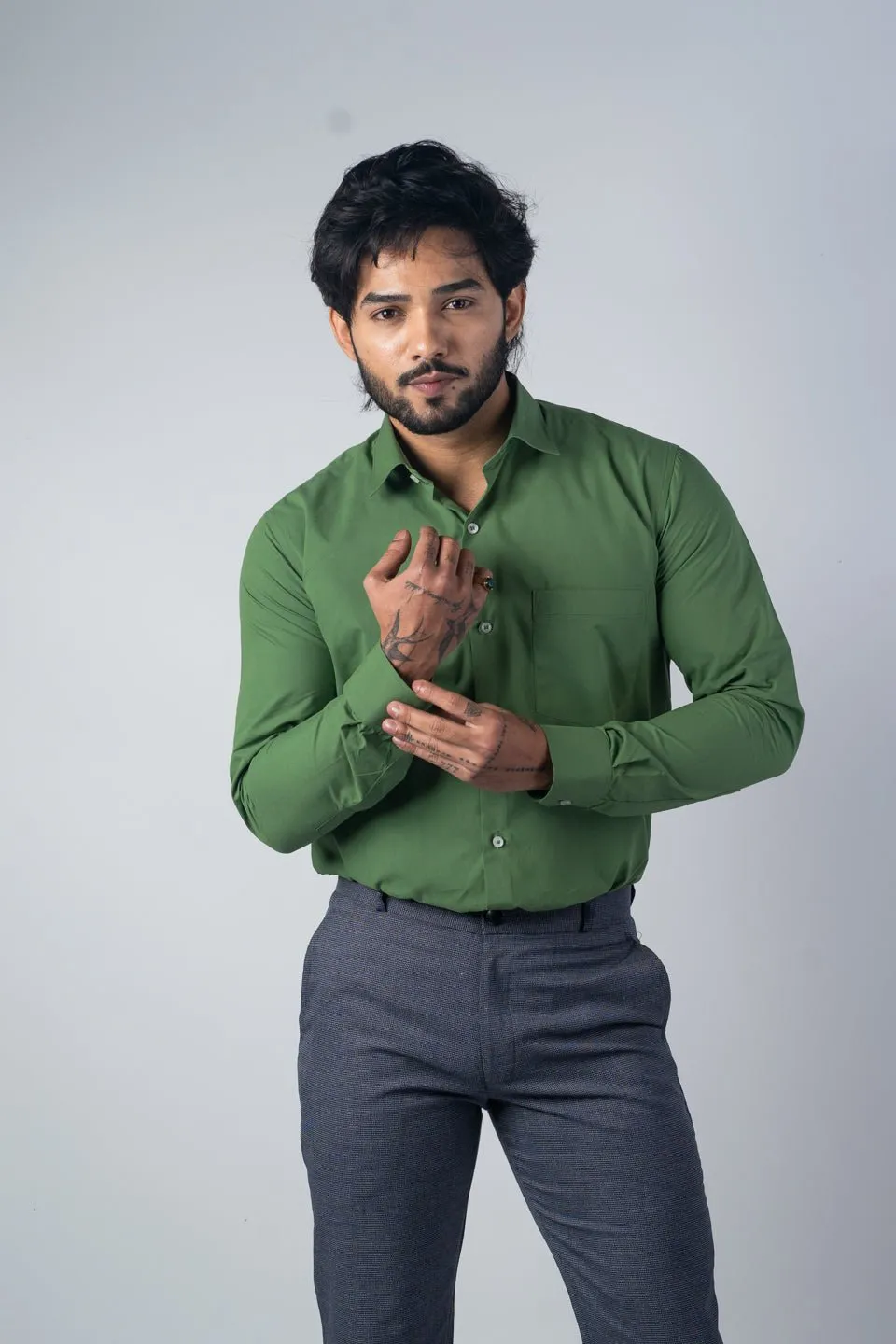 Green Color Lycra Twill Cotton Shirt For Men